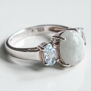 Avon Sterling Silver 925 Three Stone Ring Blue Jadeite Topaz Vintage Size 6